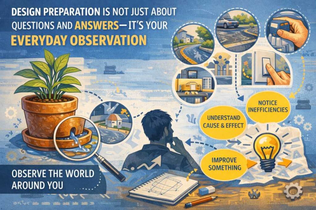 Design preparation concept showing everyday observation examples like a plant pot drainage system, sloped road for water flow, textured bottle cap grip, and thoughtfully placed switch, illustrating how design thinking develops through daily life awareness.