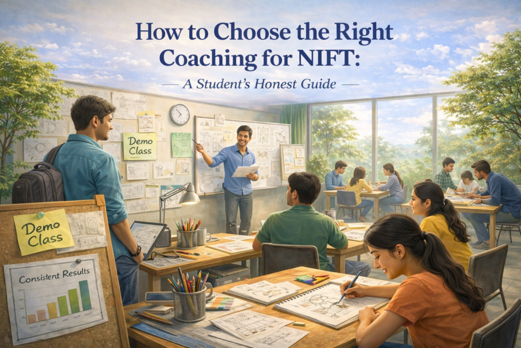 Live demo class at a NIFT coaching institute in Delhi where students practice sketching and receive personal feedback from a mentor.