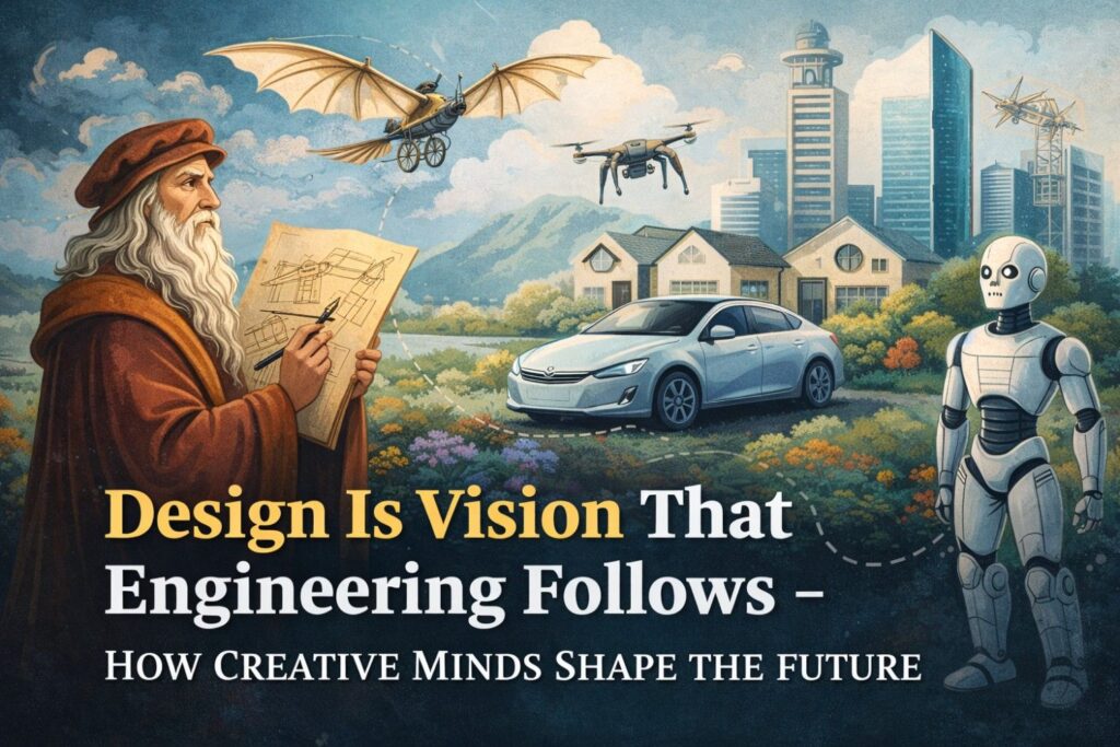 Illustration of Leonardo da Vinci sketching a flying machine alongside modern drones, a robot and a sleek car to show how design vision leads engineering.