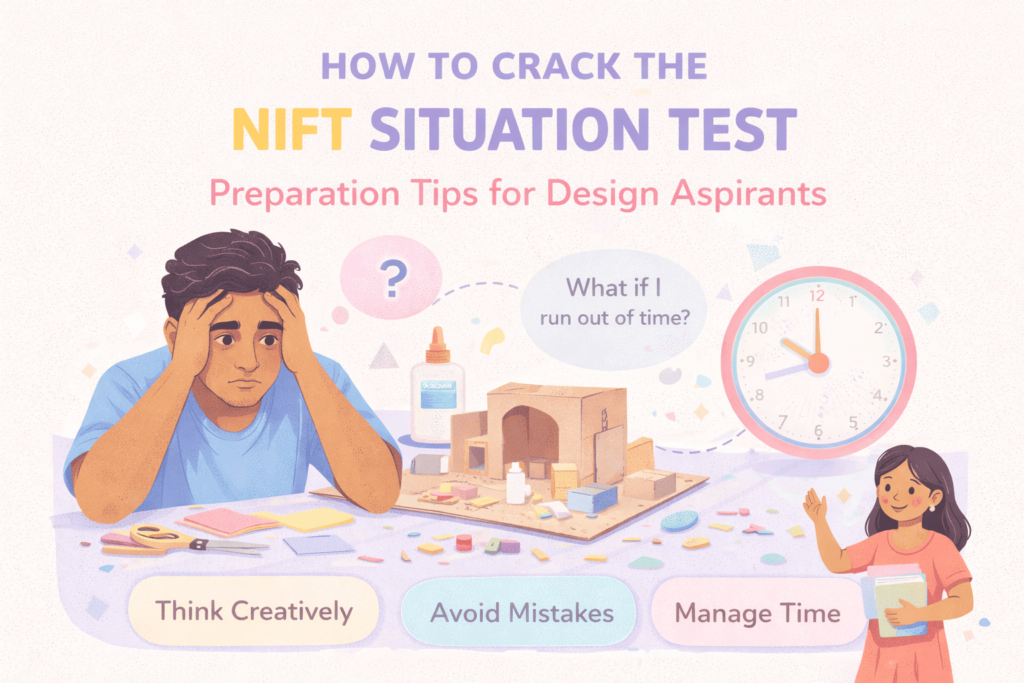 Indian design aspirant preparing for the NIFT Situation Test using paper, scissors and craft materials while planning a model under time pressure.